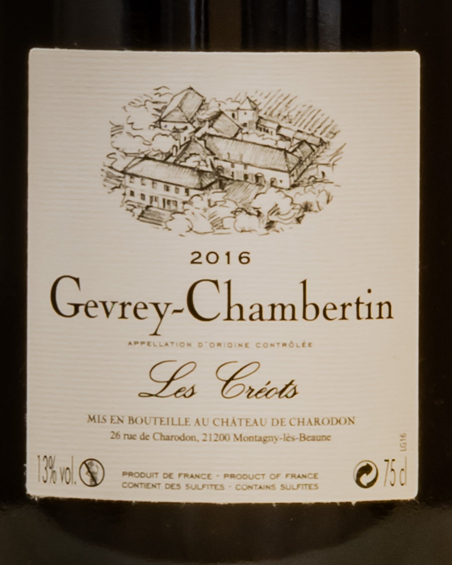 Chateau Charodon Gevrey Chambertin Les Creots 2016 Pinot Noir Nero Borgogna Vino Francia Retro Etichetta
