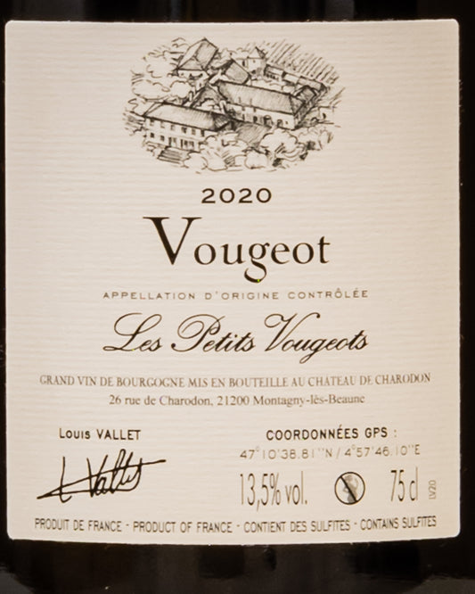 Chateau Charodon Vougeot 2020 Les Petits Vougeots Pinot Noir Nero Vino Rosso Borgogna Francia Retro Etichetta