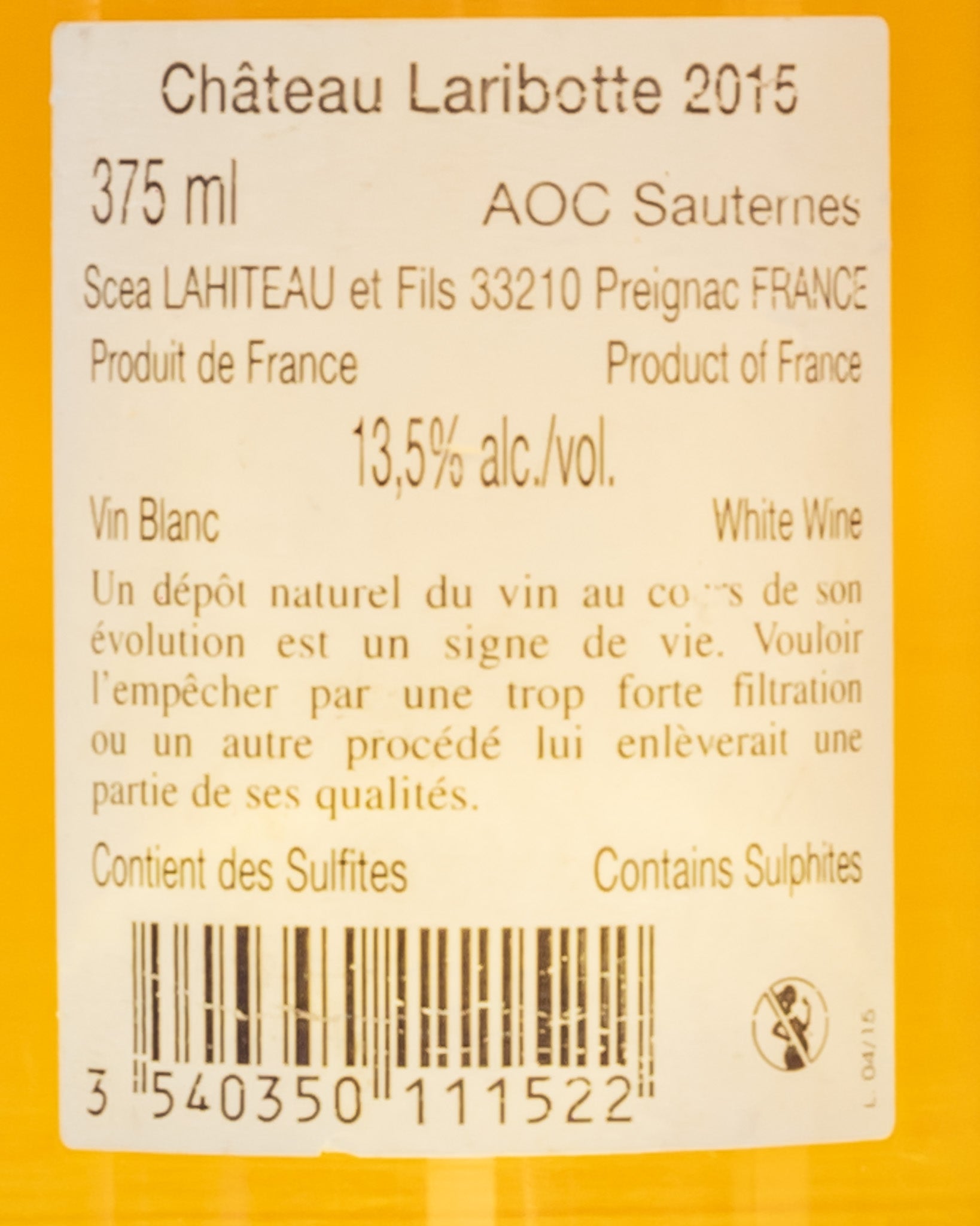 Chateau Laribotte Sauternes 2015 Semillon Sauvignon Blanc Muscadelle Vino Dolce Fine Pasto Francia Retro Etichetta