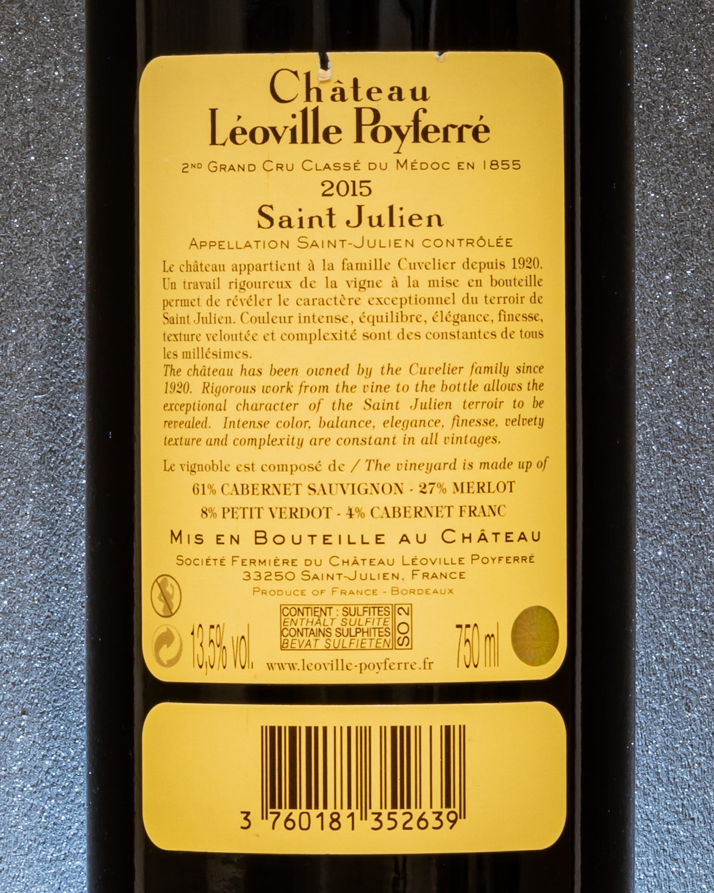 Chateau Leoville Poyferre Medoc Bordeaux Saint Julien 2015 Vino Rosso Francia Cabernet Sauvignon Franc Petit Verdot Merlot 2me Grand Cru Classe Retro Etichetta