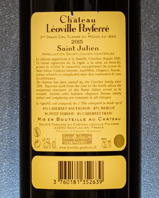 Chateau Leoville Poyferre Medoc Bordeaux Saint Julien 2015 Vino Rosso Francia Cabernet Sauvignon Franc Petit Verdot Merlot 2me Grand Cru Classe Retro Etichetta