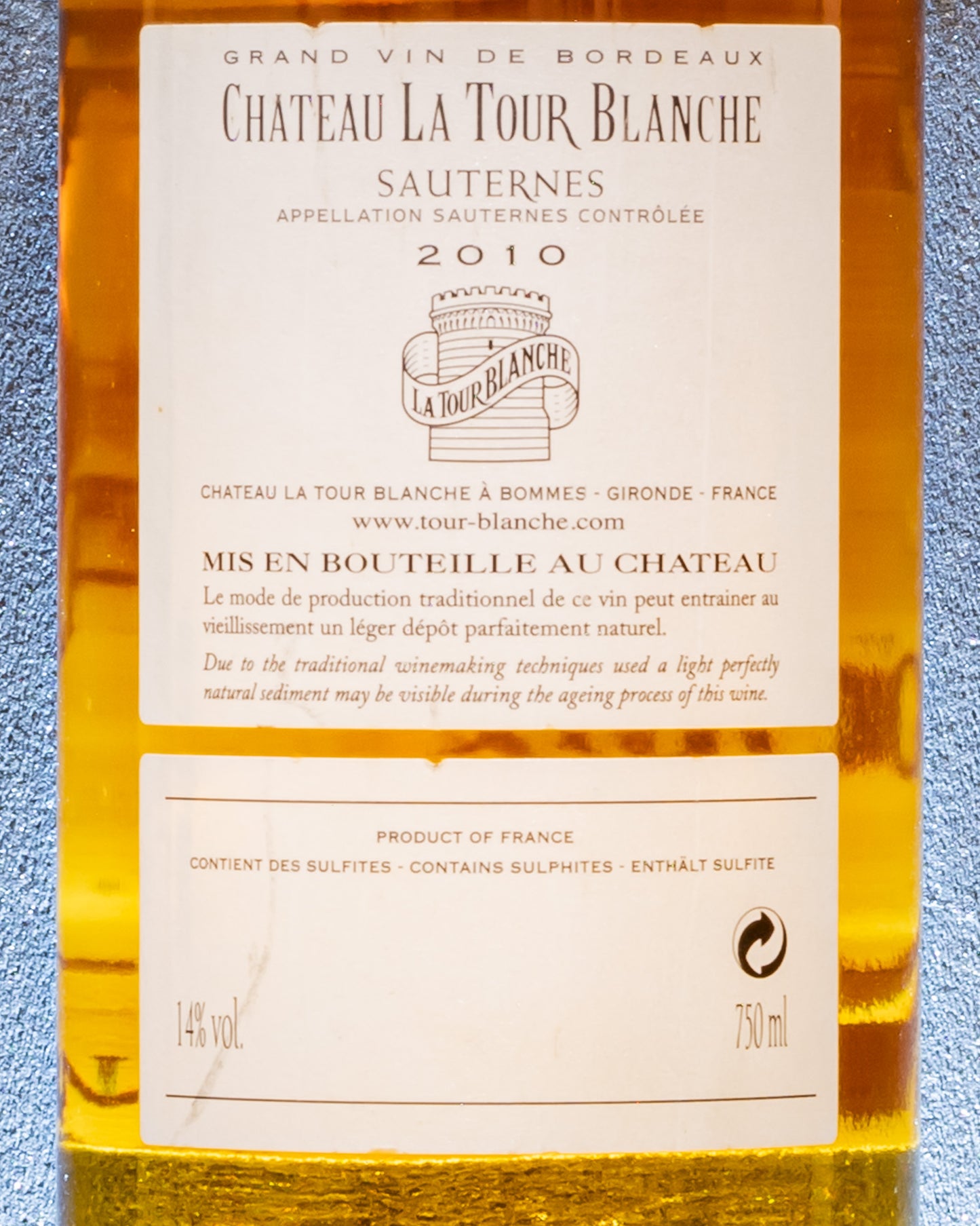 Chateau Tour Blanche Sauternes 2010 Semillon Muscadelle Sauvignon Vino Dolce Fine Pasto Gironda Francia Retro Etichetta