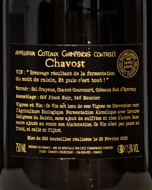 Chavost Coteaux Champenois Rouge 2020 Pinot Nero Noir Meunier Vino Rosso Champagne Francia Retro Etichetta