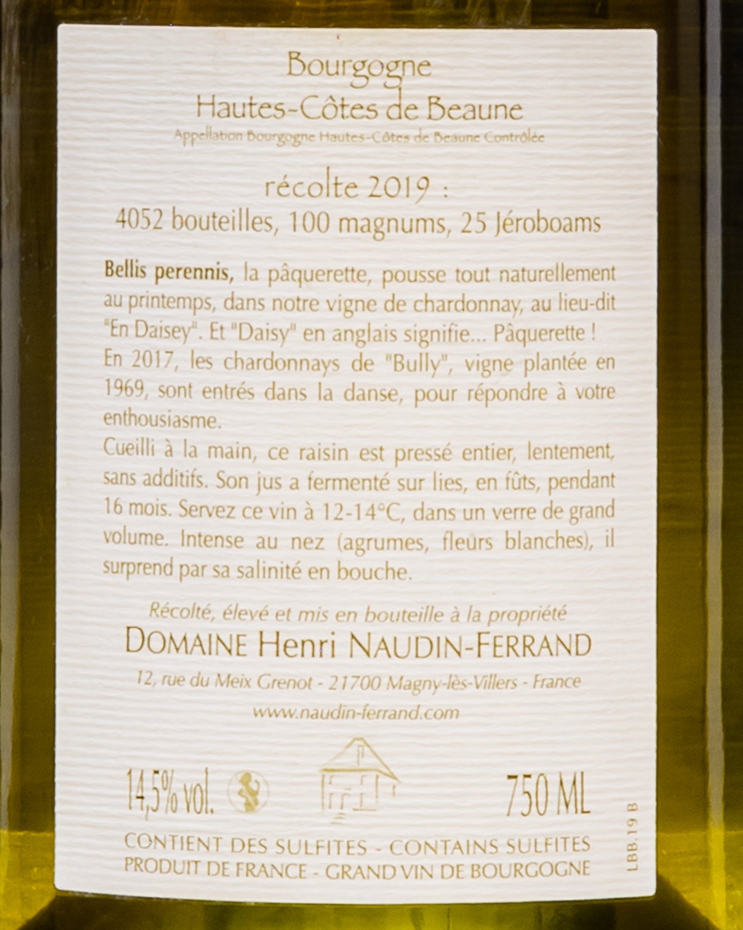 Claire Henri Naudin Ferrand Bourgogne Hautes Cotes Beaune Bellis Perennis 2019 Chardonnay Borgogna Vino Bianco Francia Retro Etichetta