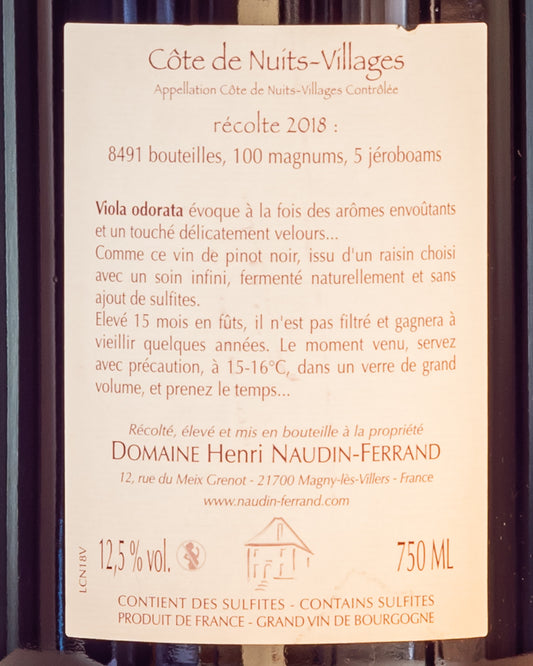 Claire Henri Naudin Ferrand Cote Nuits Villages Viola Odorata Pinot Nero Noir Vino Rosso Borgogna Francia 2018 Retro Etichetta