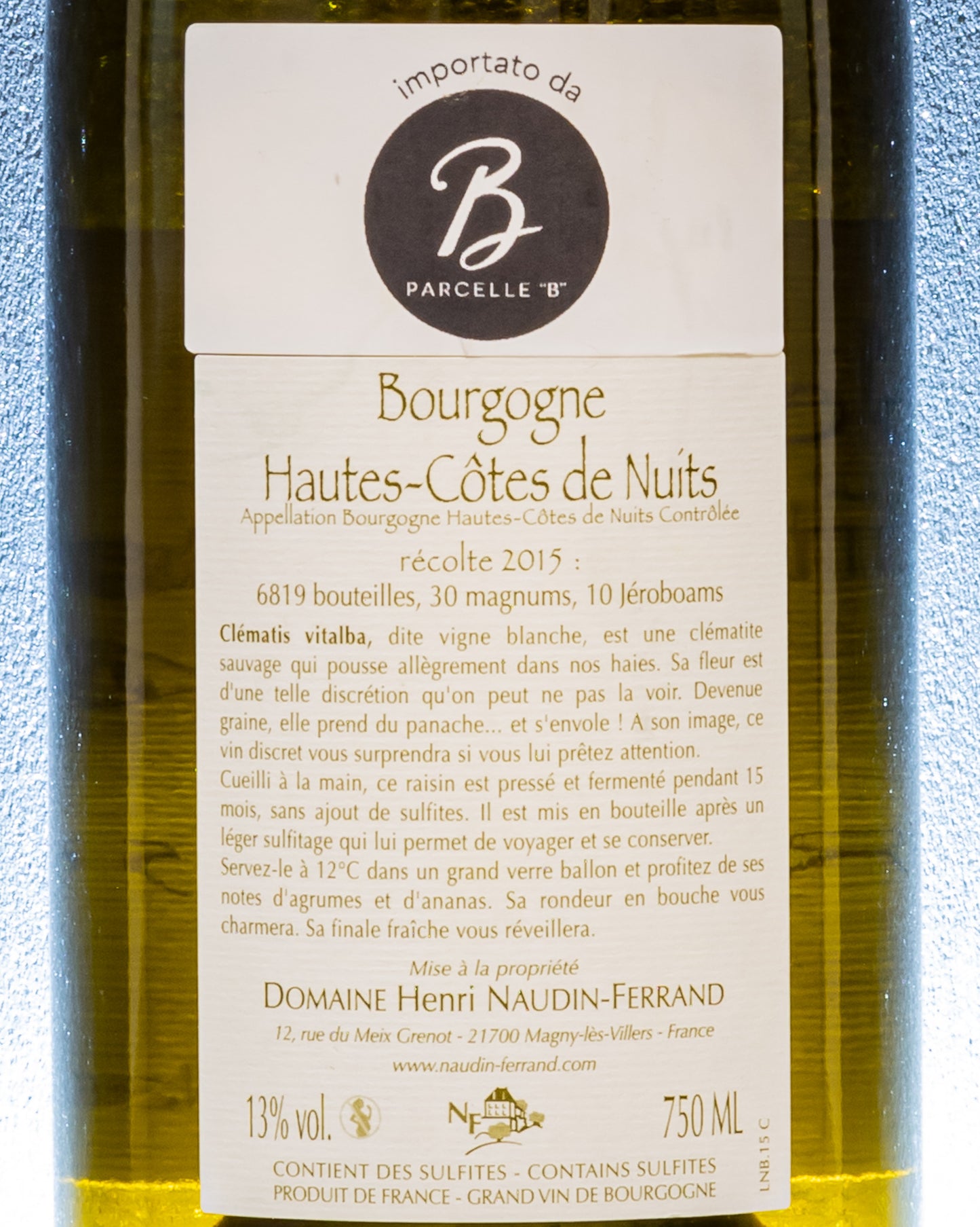 Claire henri Naudin Ferrand Bourgogne Hautes Cotes Beaune Clematis Vitalba 2015 Chardonnay Borgogna Francia Vino Bianco Retro Etichetta