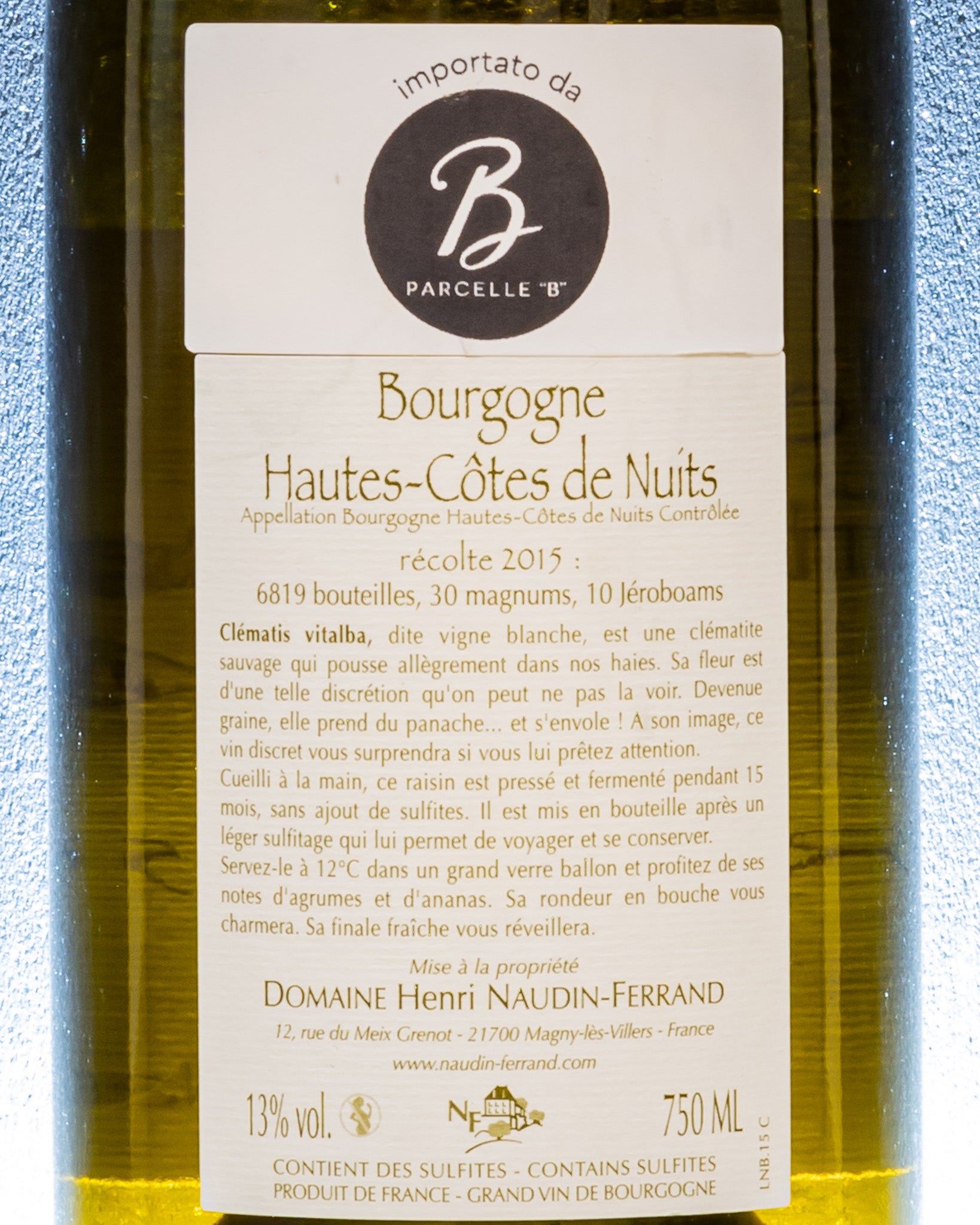 Claire henri Naudin Ferrand Bourgogne Hautes Cotes Beaune Clematis Vitalba 2015 Chardonnay Borgogna Francia Vino Bianco Retro Etichetta
