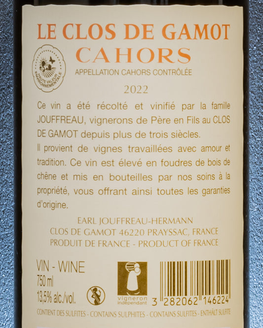 Clos Gamot Cahors 2022 Jouffreau Malbec Sud Ovest Vino Rosso Francia Retro Etichetta