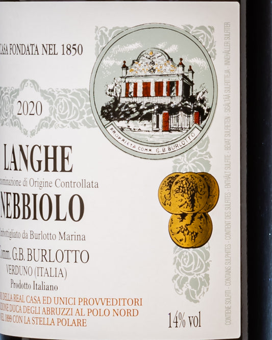 Comm. Burlotto Nebbiolo Langhe Vino Rosso Verduno Piemonte Italia 2020 Retro Etichetta