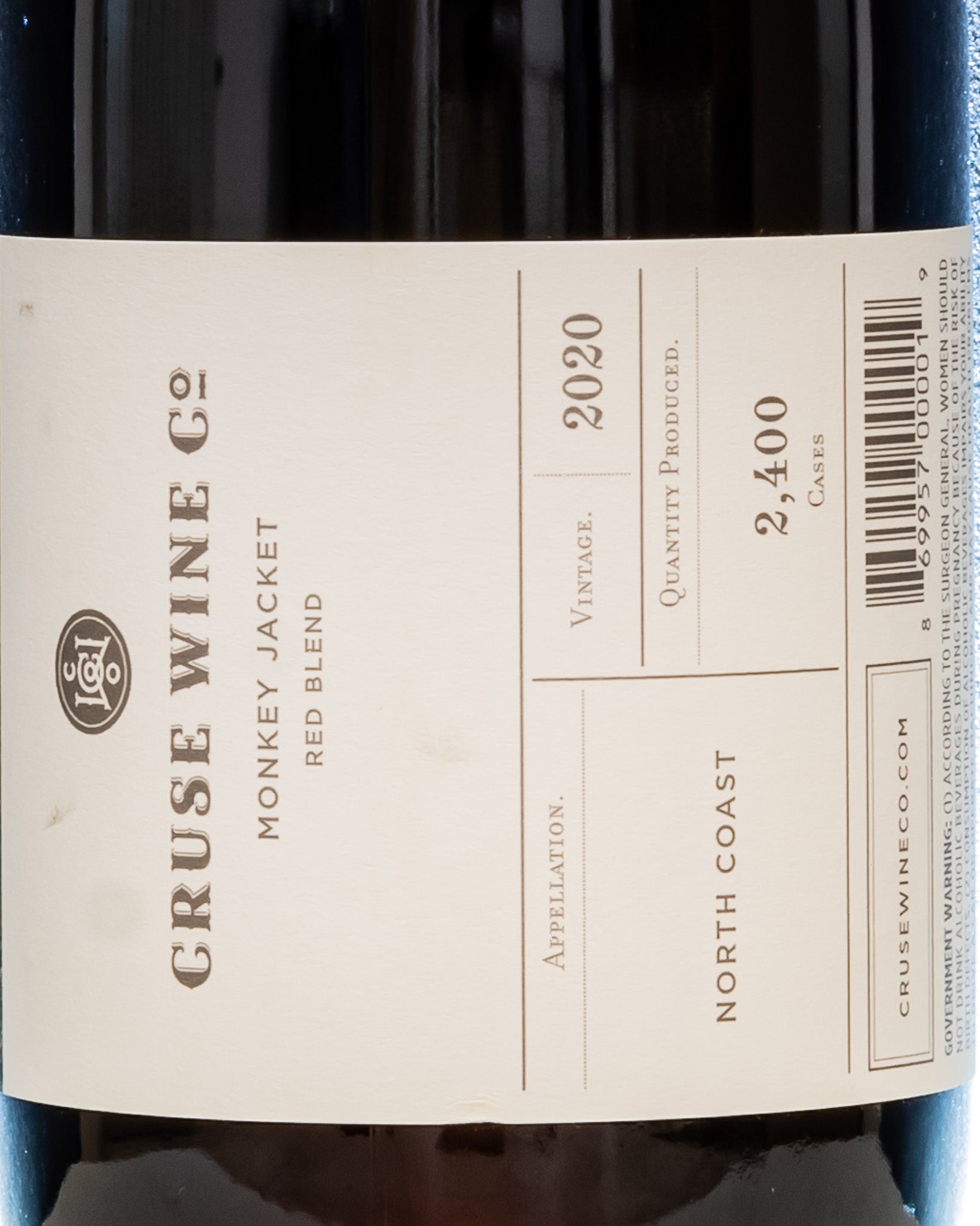 Cruse Wine Monkey Jacket North Coast Petaluma California Vino Rosso Valdiguié Zinfandel Petite Sirah Carignan Pinot Noir Tannat Stati Uniti 2020 Retro Etichetta 1