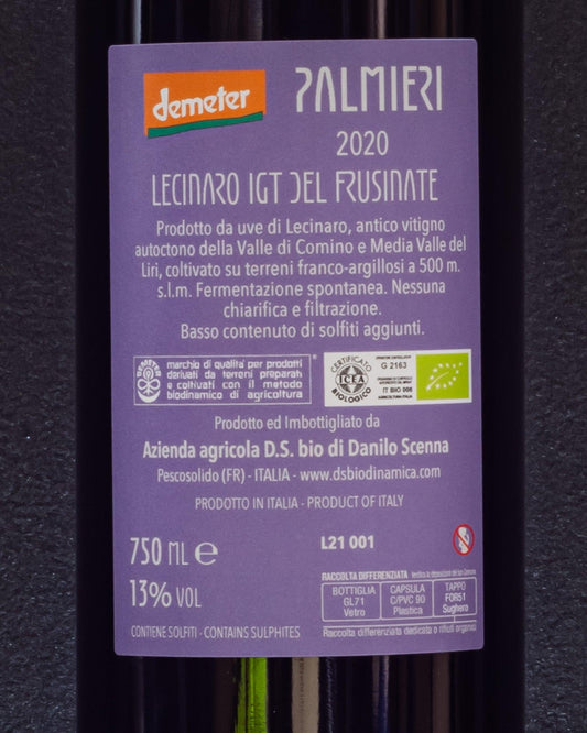 Danilo Scenna Palmieri Lecinaro Frusinate Lazio Italia Vino Rosso Retro Etichetta