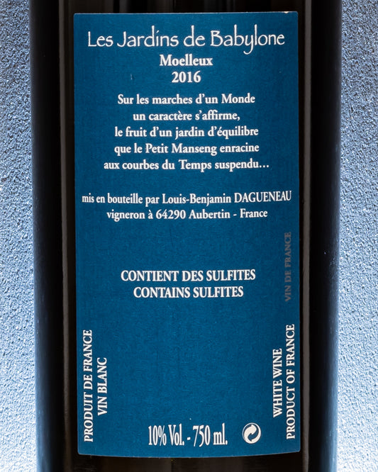 Didier Dagueneau Louis Benjamin Les Jardin Babylone 2016 Moelleux Petit Manseng Vino Bianco Dolce Fine Pasto Sud Ovest Jurancon Francia Retro Etichetta