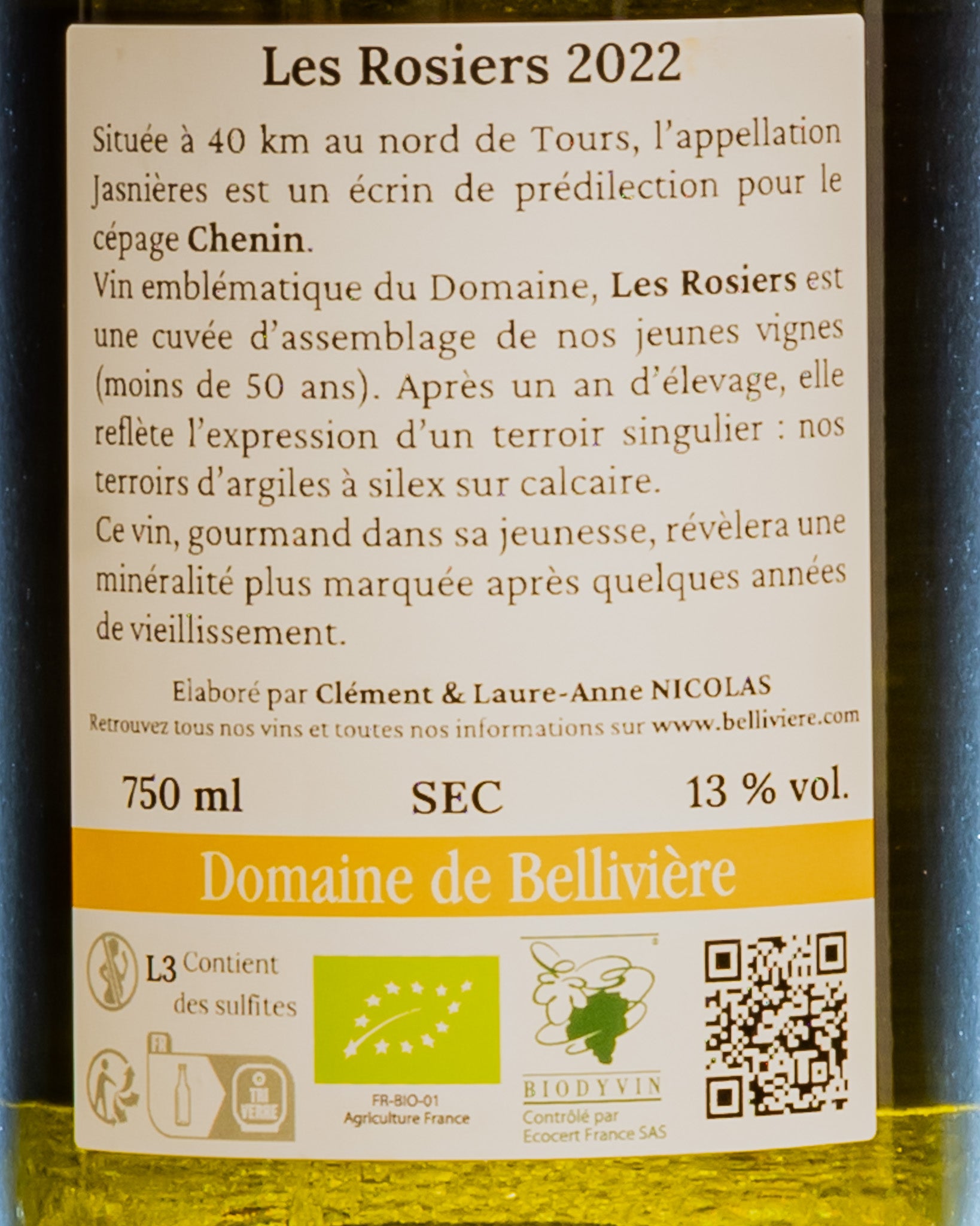 Domaine Belliviere Jasnieres Les Rosiers 2022 Chenin Sec Valle Loira Vino Bianco Francia Retro Etichetta