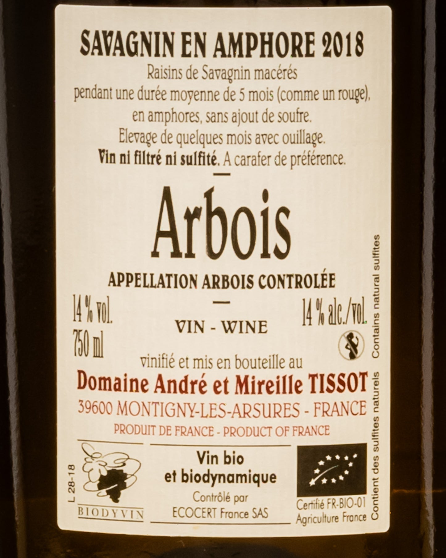 Domaine Benedicte Stephane Tissot Arbois 2018 Savagnin Amphore Vino Bianco Jura Francia Retro Etichetta