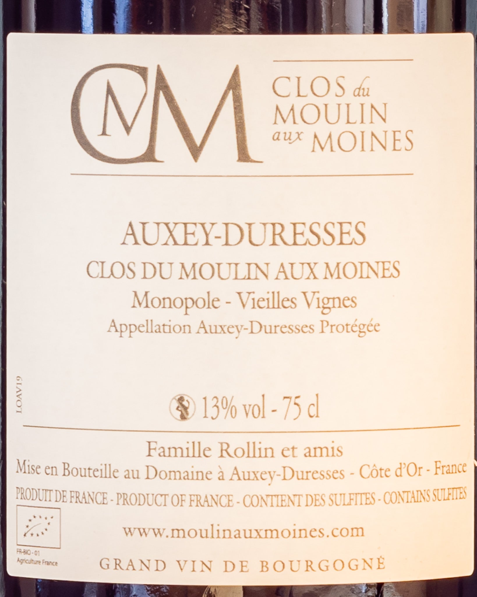 Domaine Clos Moulin Aux Moines Monopole Auxey Duresses Vieilles Vignes Pinot Noir Nero 2019 Vino Rosso Borgogna Francia Retro Etichetta