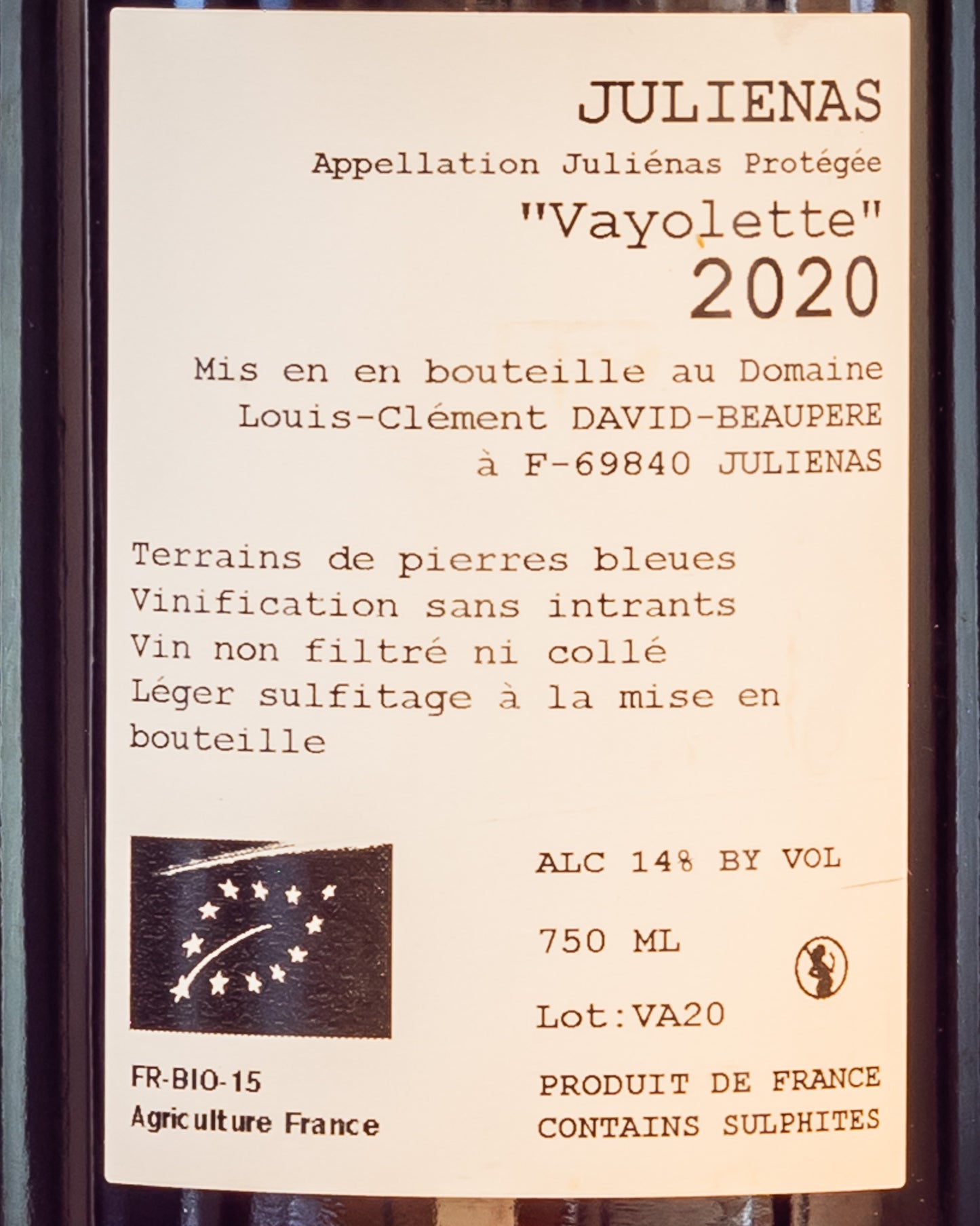 Domaine David Beaupere Julienas Vayolette Gamay Beaujolais Borgogna Francia Vino Rosso 2020 Retro Etichetta