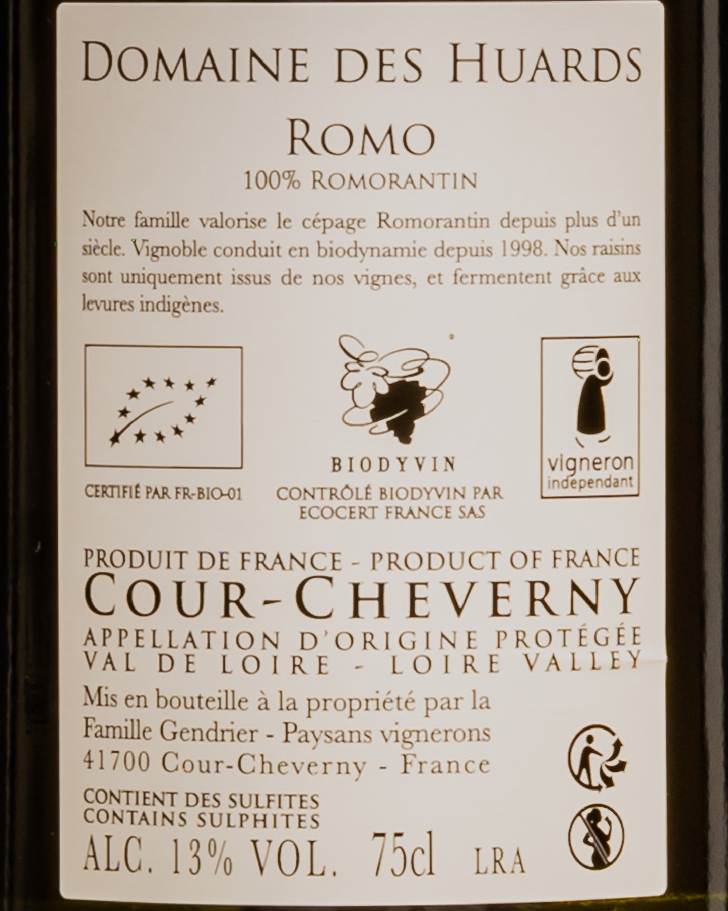 Domaine Des Huards Romo Romorantin 2020 Loira Cour Cheverny Vino Bianco Francia Retro Etichetta