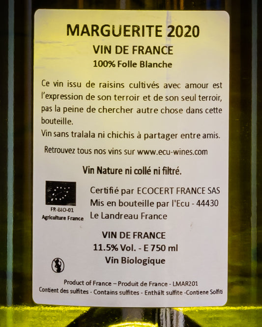 Domaine Ecu Marguerite Folle Blanche 2020 Loira Francia Vino Bianco Retro Etichetta
