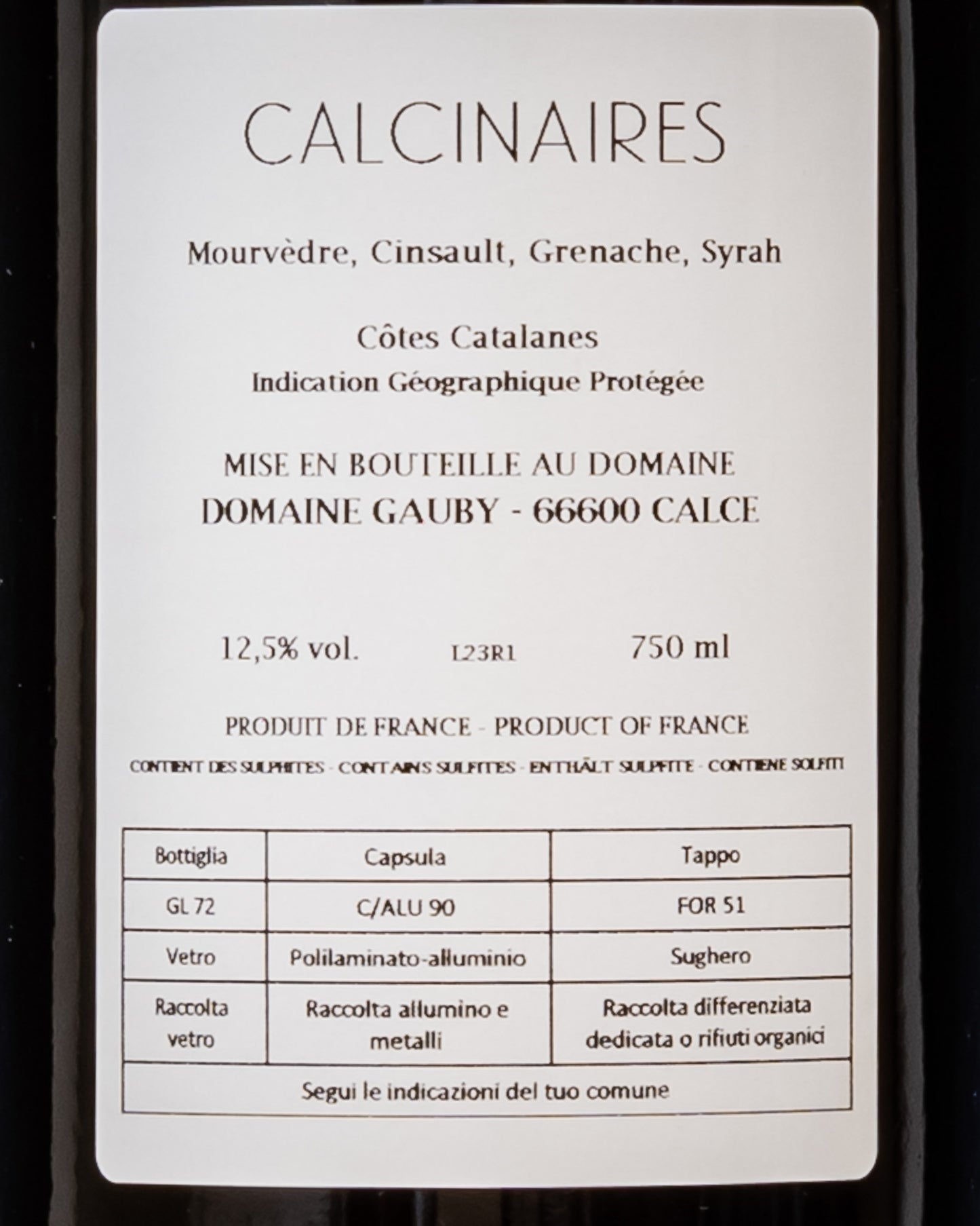 Domaine Gauby Calcinaires Rouge 2023 Cotes Catalanes Calce Roussillon Vino Rosso Francia Grenache Mourvedre Syrah Cinsault Retro Etichetta