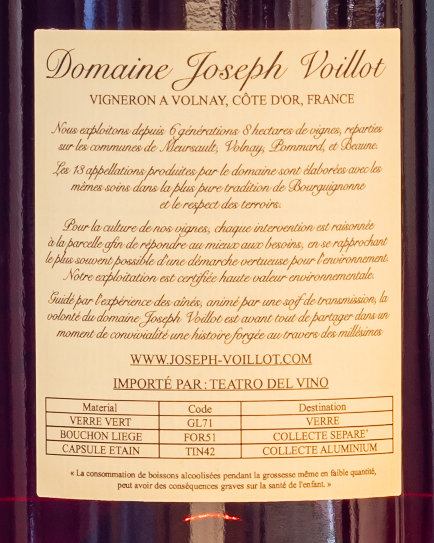 Domaine Joseph Voillot Pommard 2021 Pinot Noir Nero Borgogna Francia Vino Rosso Retro Etichetta