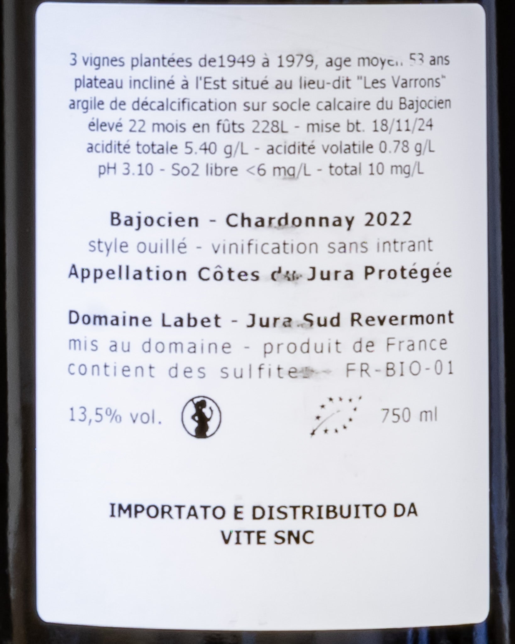 Domaine Labet Chardonnay Bajocien 2022 Vino Bianco Jura Francia Retro Etichetta