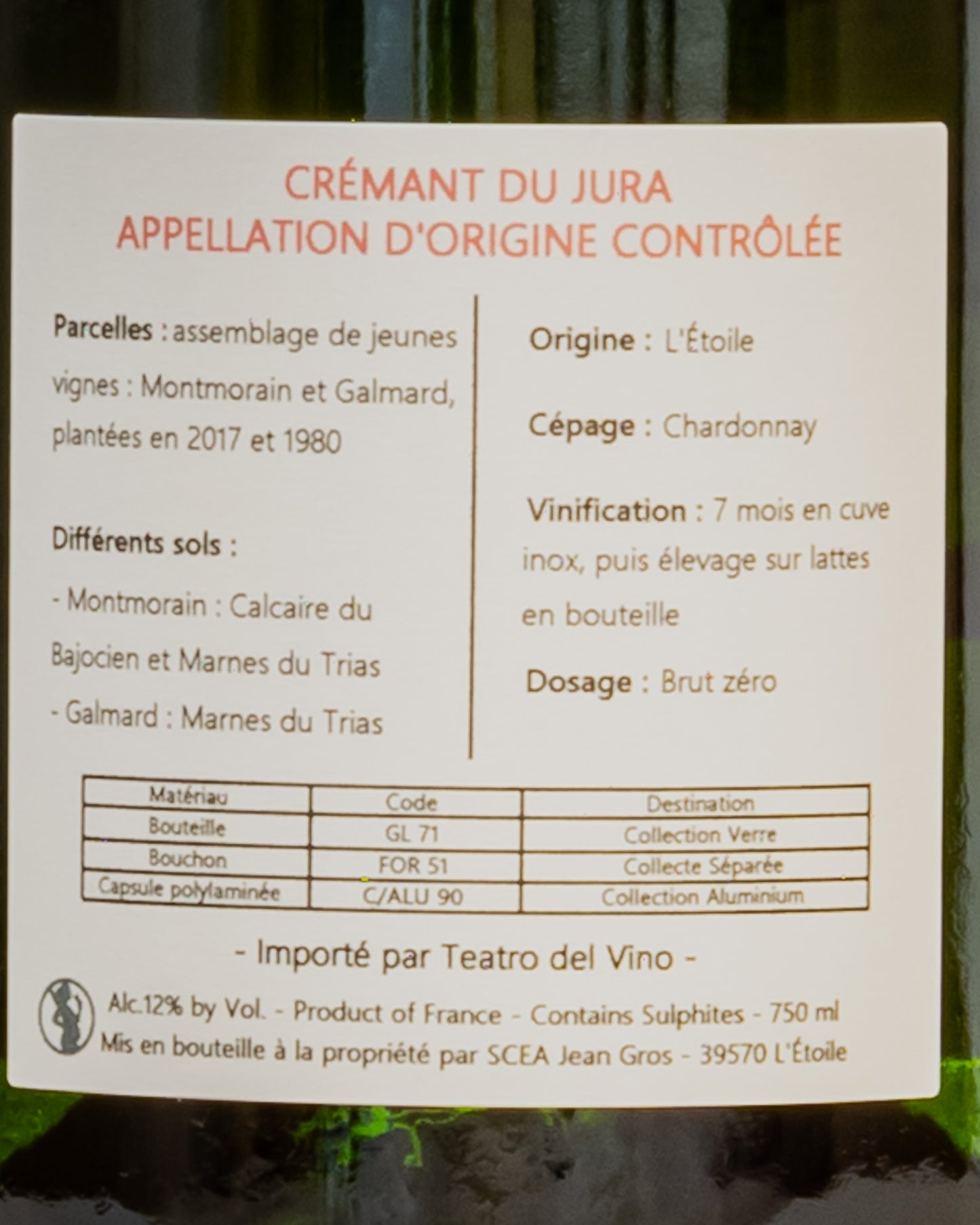 Domaine Montbourgeau Baptiste Cesar Deriaux Cremant Jura Brut Zero Chardonnay Vino Francia Metodo Classico Retro Etichetta