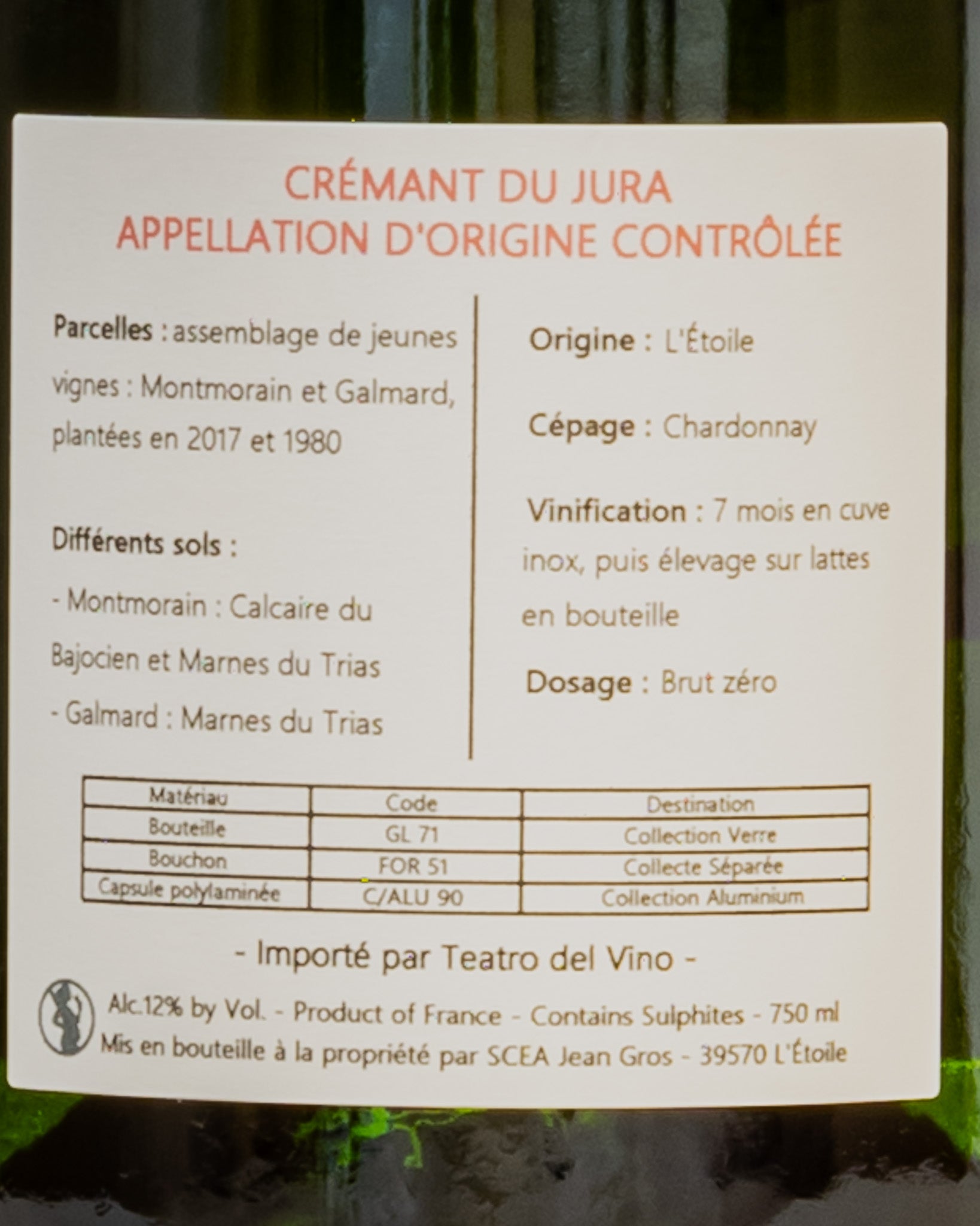 Domaine Montbourgeau Baptiste Cesar Deriaux Cremant Jura Brut Zero Chardonnay Vino Francia Metodo Classico Retro Etichetta
