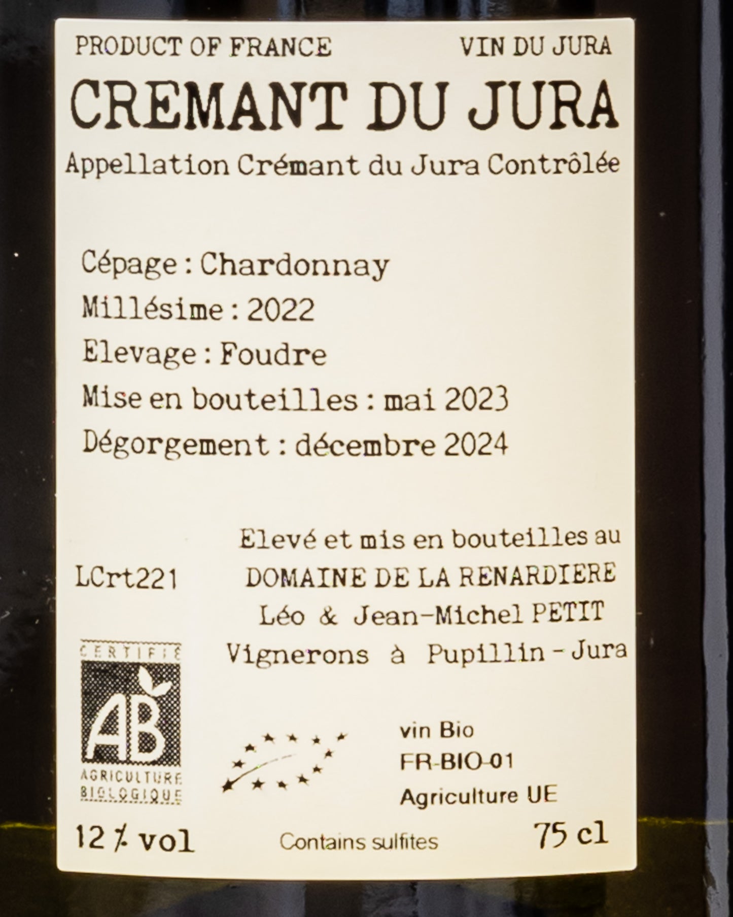 Domaine Renardiere Cremant Jura Chardonnay Spumante Metodo Classico 2022 Vino Francia Retro Etichetta