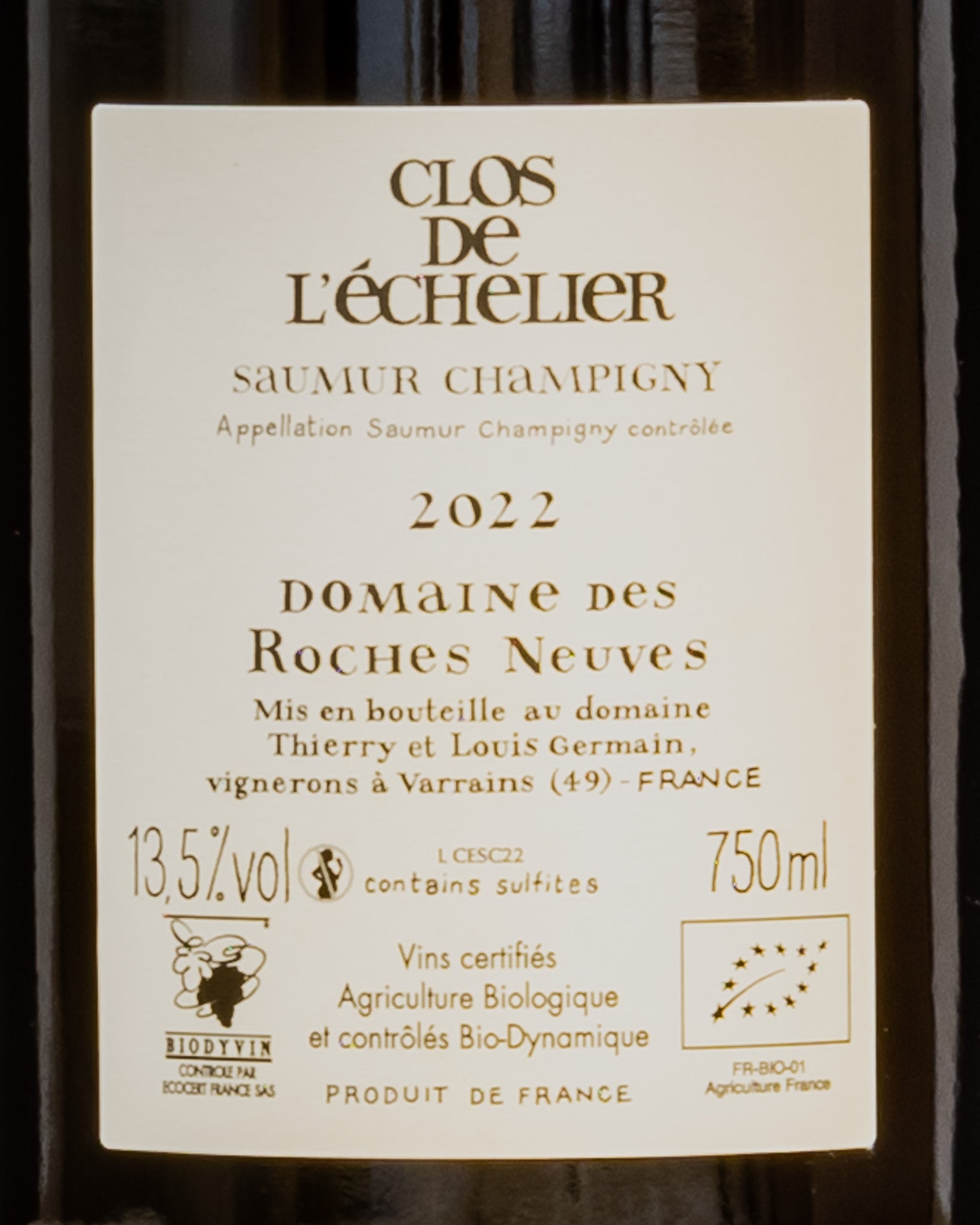 Domaine Roches Neuves Thierry Germain Saumur Champigny Clos Echelier Cabernet Franc 2022 Loira Vino Rosso Francia Retro Etichetta