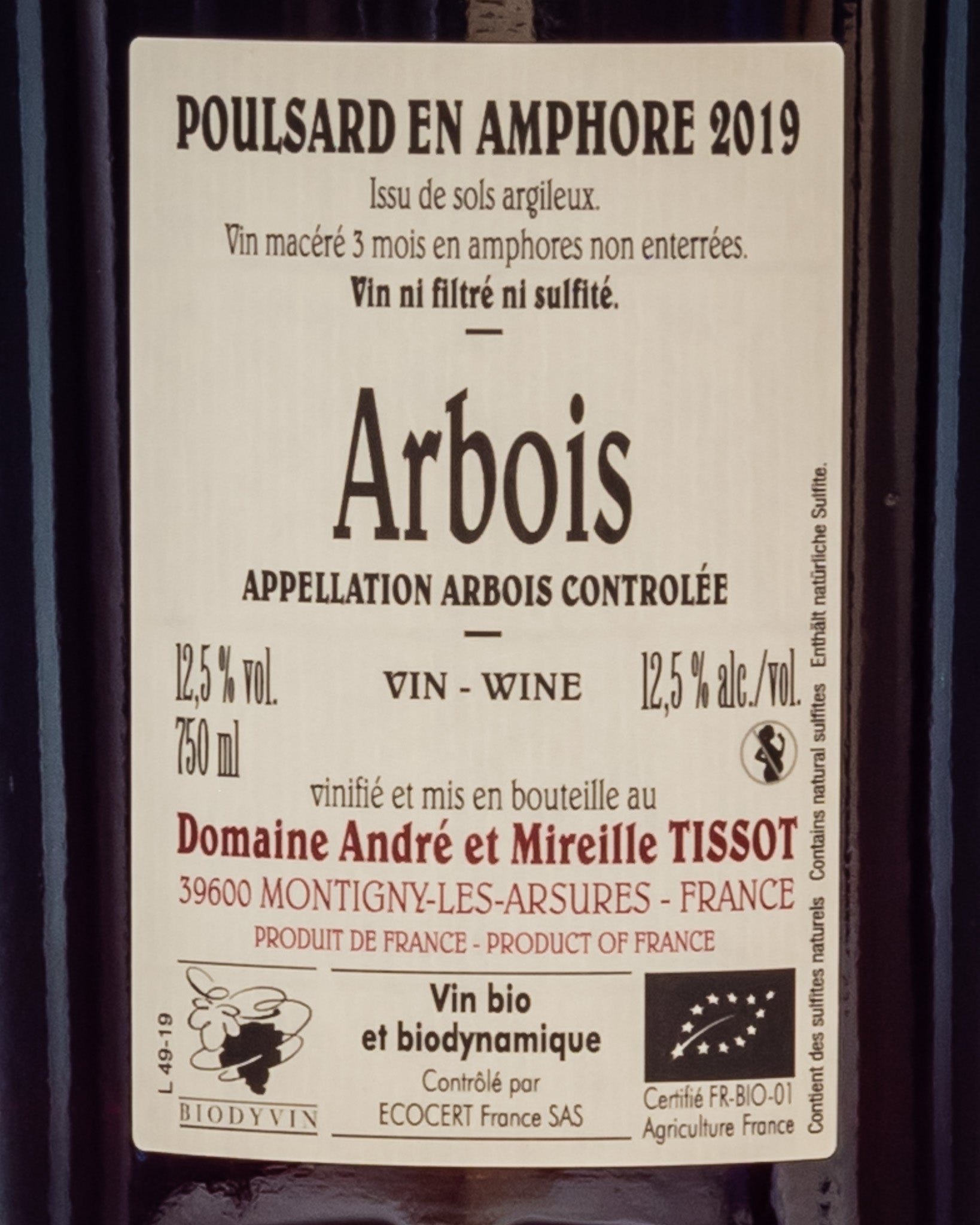 Domaine Tissot Poulsard 2019 Amphore Vino Rosso Jura Francia Retro Etichetta