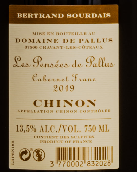 Domaine de Pallus Betrand Sourdais Chinon 2019 Les Pensees Cabernet Franc Vino Rosso Valle della Loira Francia Retro Etichetta
