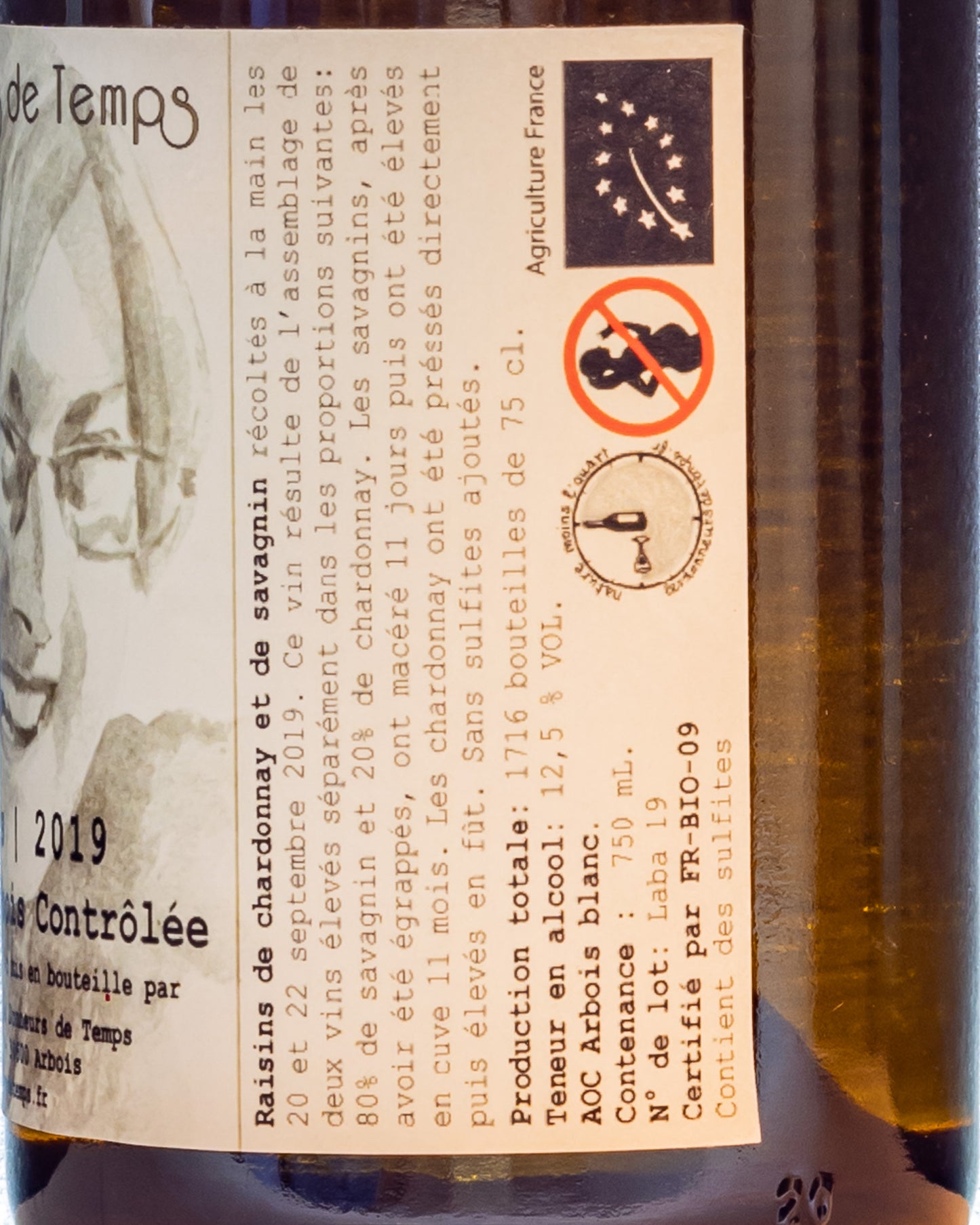 Donneurs Temps Savagnin Chardonnay Vino Macerato Orange 2019 Jura Francia Arbois Retro Etichetta