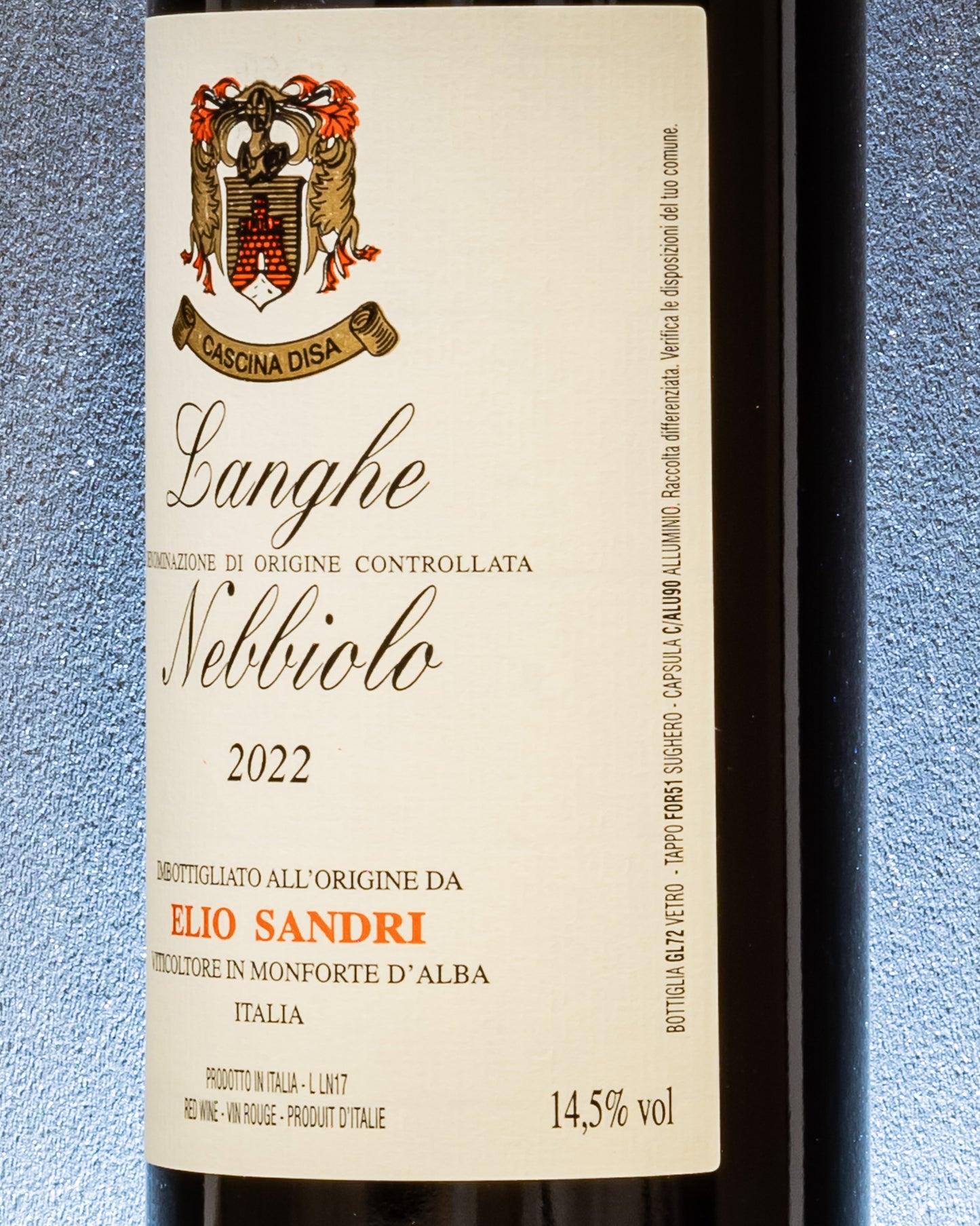 Elio Sandri Langhe Nebbiolo 2022 Piemonte Monforte Vino Rosso Italia Retro Etichetta
