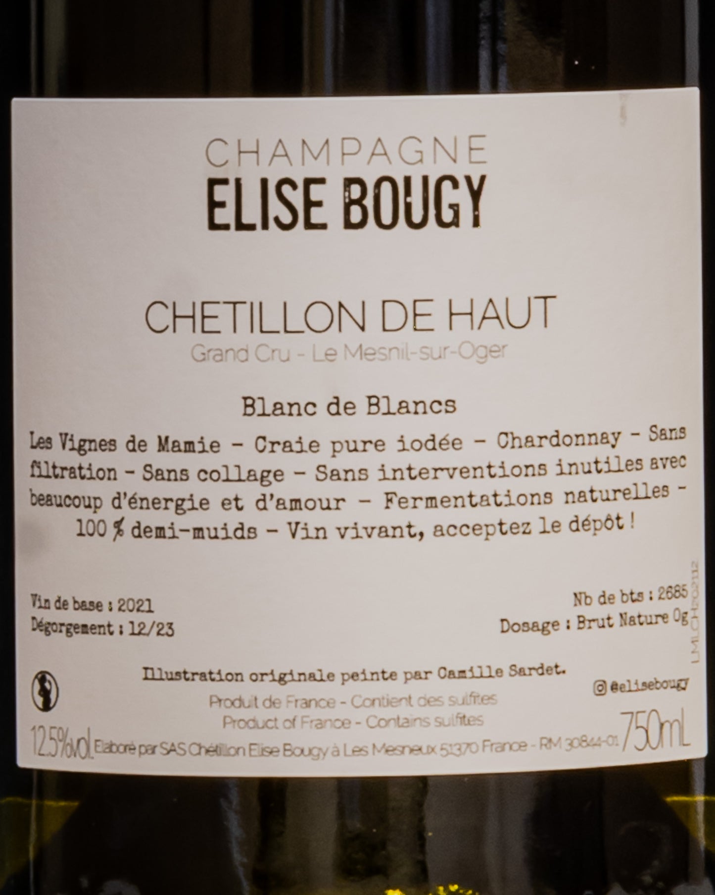 Elise Bougy Champagne Brut Nature Grand Cru 2021 Chetillon de Haut Mesnil Sur Oger Chardonnay Montagne Reims Francia Vino Retro Etichetta