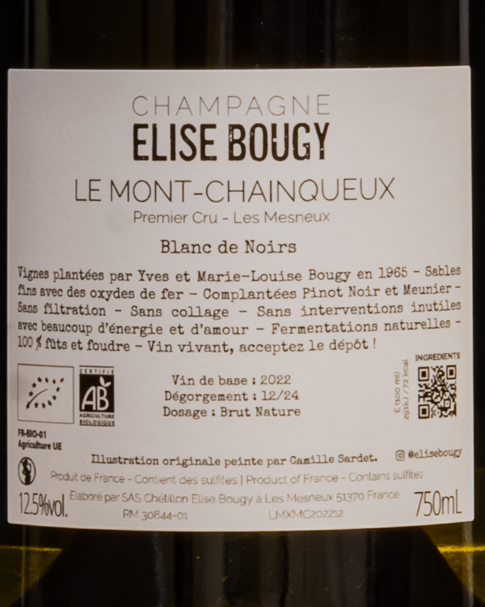 Elise Bougy Champagne Brut Nature Premier Cru Le Mont Chainqueux Les Mesneux Pinot Noir Nero Meunier Montagne Reims Vino Francia Retro Etichetta