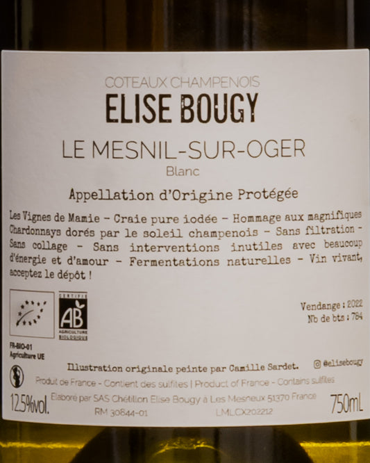 Elise Bougy Coteaux Champenois Blanc 2022 Chardonnay Le Mesnil sur Oger Vino Bianco Champagne Francia Retro Etichetta