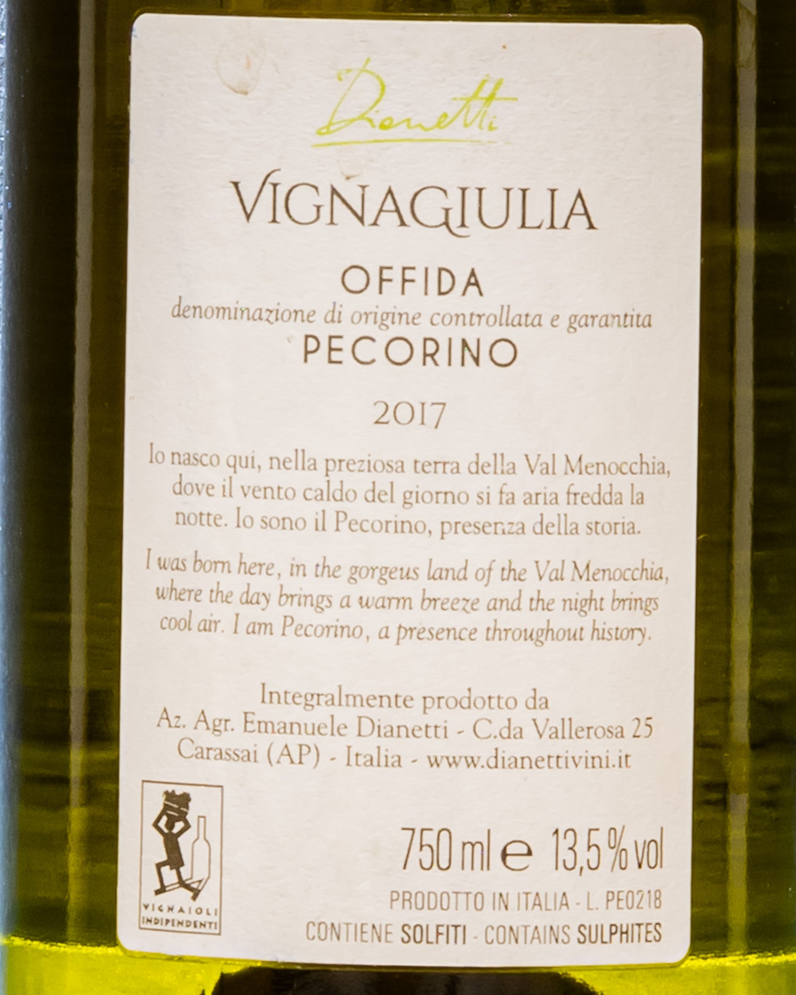 Emanuele Dianetti Offida Percorino 2017 Vignagiulia Vino ianco Marche Italia Retro Etichetta