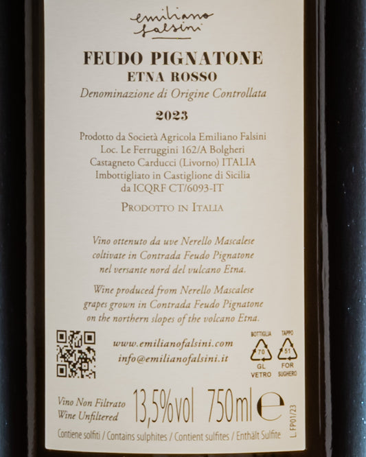 Emiliano Falsini Feudo Pignatone Etna Rosso 2023 Nerello Mascalese Vino Sicilia Italia Retro Etichetta