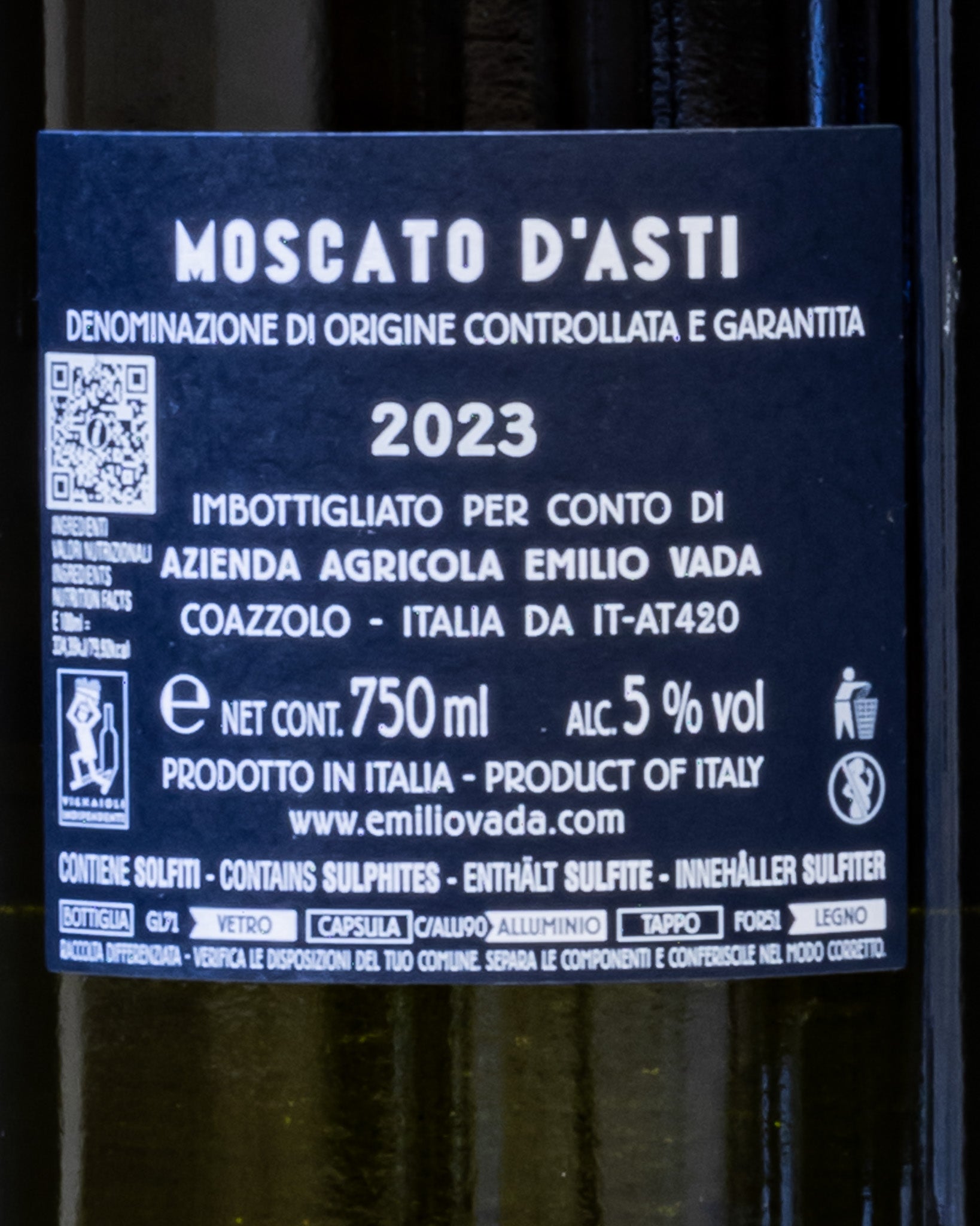 Emilio Vada Moscato Asti 2023 Vino Bianco Frizzante Dolce Piemonte Italia Retro Etichetta