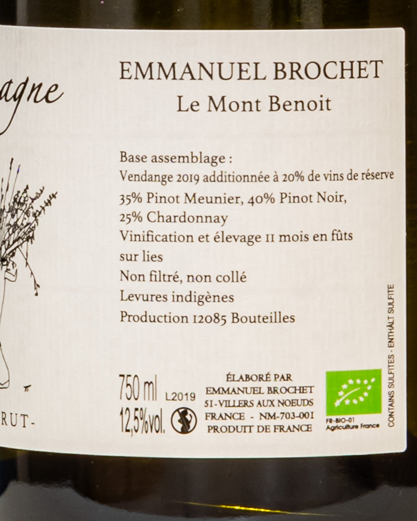 Emmanuel Brochet Champagne Extra Brut Mont Benoit Pinot Nero Noir Meunier Chardonnay Vino Francia Retro Etichetta
