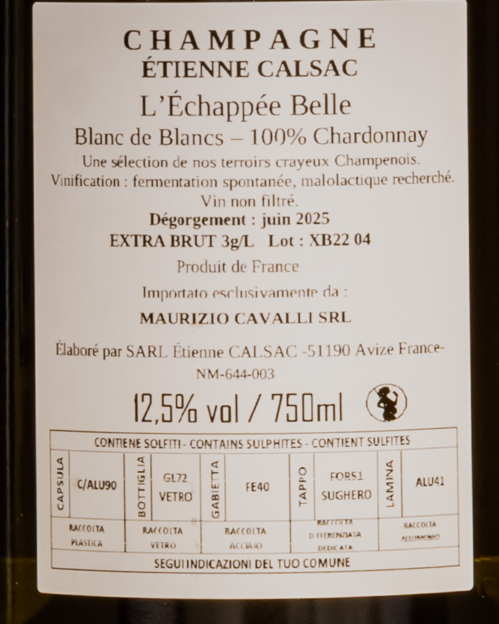 Etienne Calsac Champagne Blanc Blancs Echappee Belle Chardonnay Extra Brut Cote Vino Francia Retro Etichetta