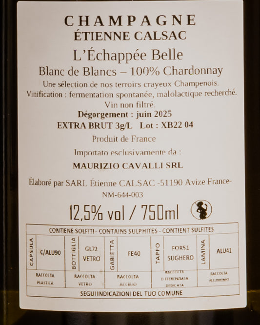 Etienne Calsac Champagne Blanc Blancs Echappee Belle Chardonnay Extra Brut Cote Vino Francia Retro Etichetta