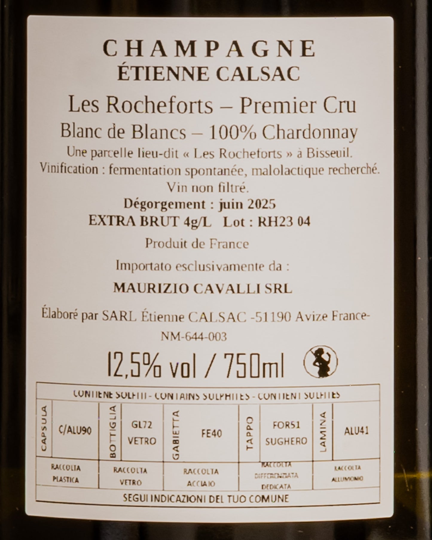 Etienne Calsac Champagne Extra Brut Premier 1er Cru Blanc Blancs Chardonnay Les Rocheforts Cote Vino Francia Retro Etichetta