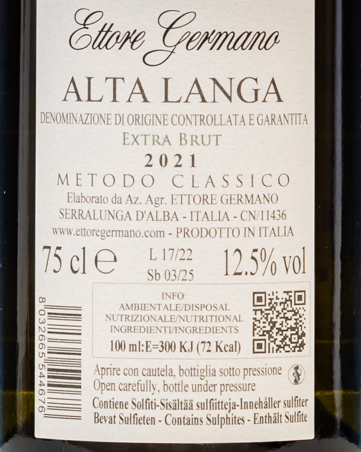 Ettore Germano Alta Langa 2021 Extra Brut Chardonnay Pinot Nero Metodo Classico Langhe Piemonte Vino Italia Retro Etichetta