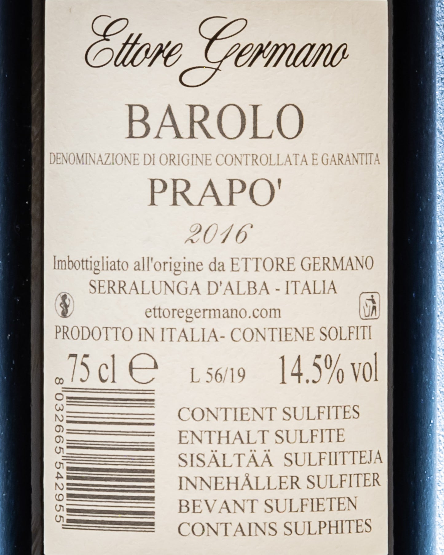 Ettore Germano Barolo 2016 Prapo Nebbiolo Langhe Piemonte Vino Rosso Italia Rero Etichetta