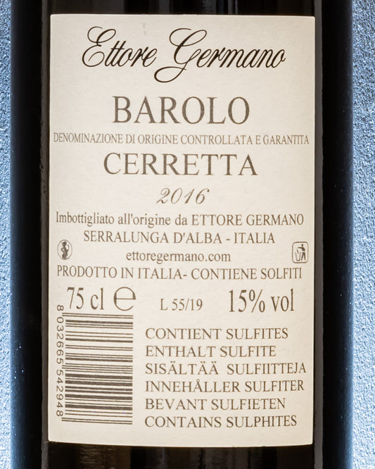 Ettore Germano Barolo Cerretta 2016 Nebbiolo Langhe Vino Rosso Piemonte Italia Retro Etichetta
