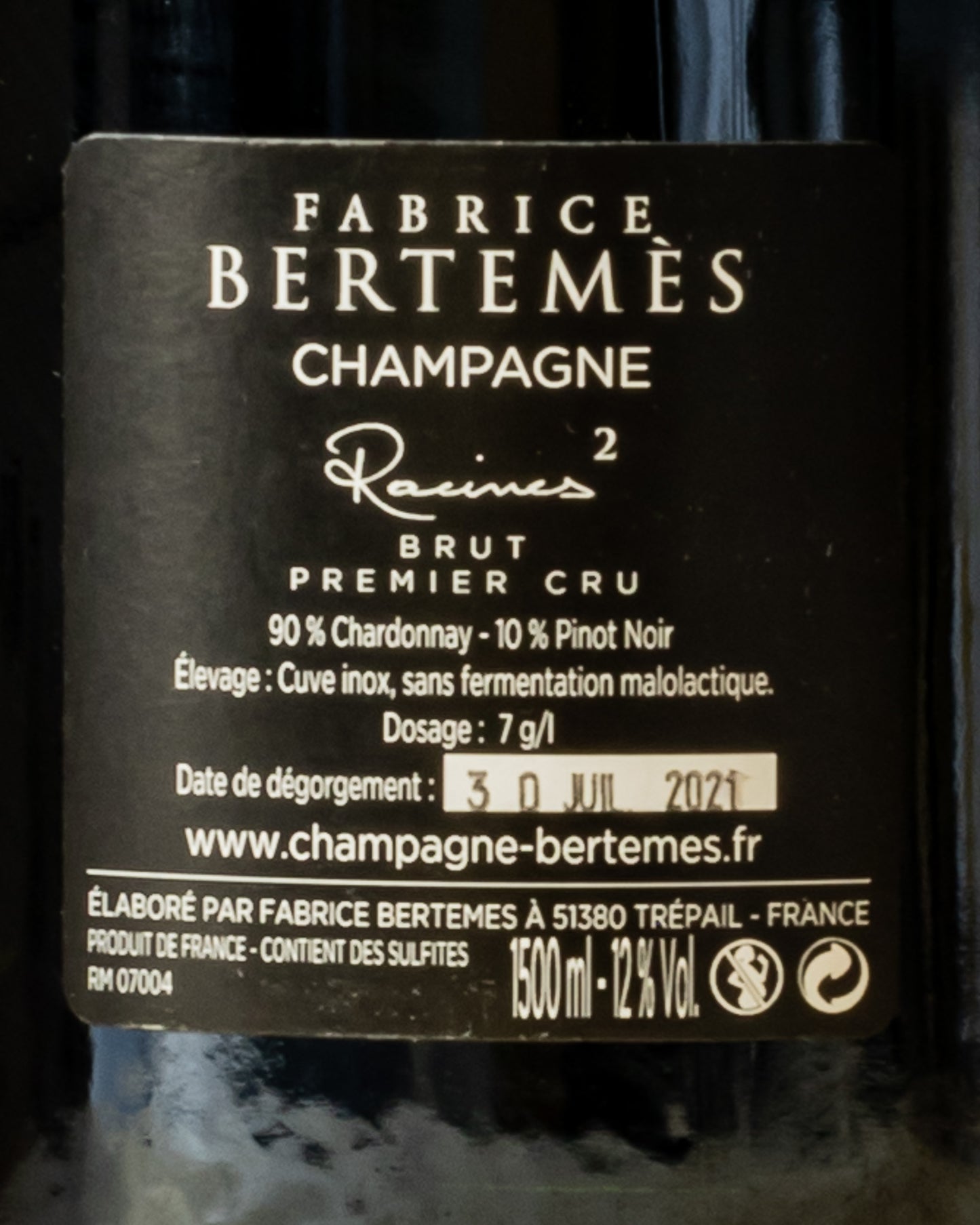 Fabrice Bertemes Champagne Brut 1er Premier Cru Racines Magnum Chardonnay Pinot Noir Nero Vino Francia Magnum Retro Etichetta