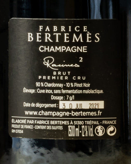Fabrice Bertemes Champagne Brut 1er Premier Cru Racines Magnum Chardonnay Pinot Noir Nero Vino Francia Magnum Retro Etichetta