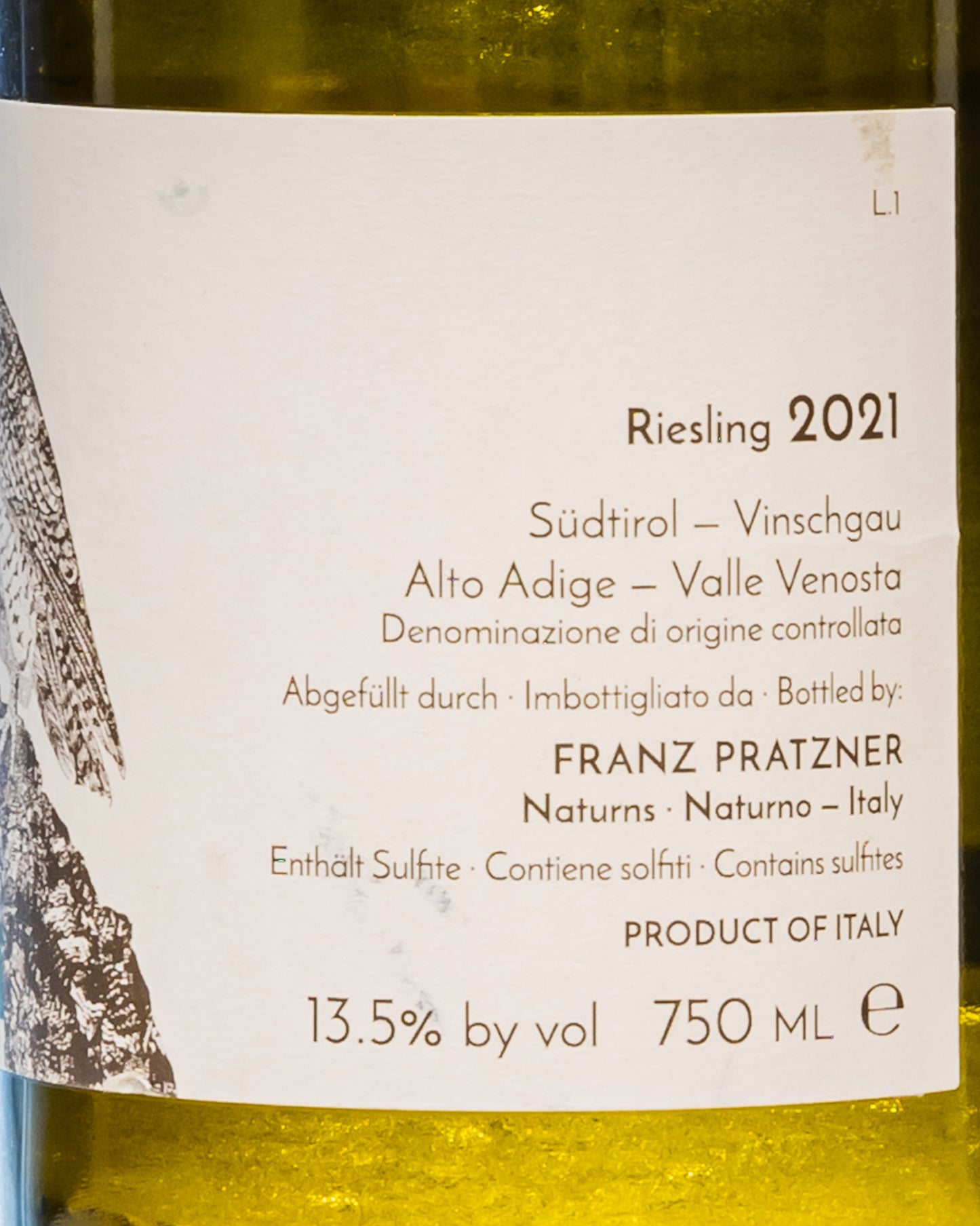 Falkenstein Riesling 2021 Alto Adige Vino Bianco Italia Retro Etichetta