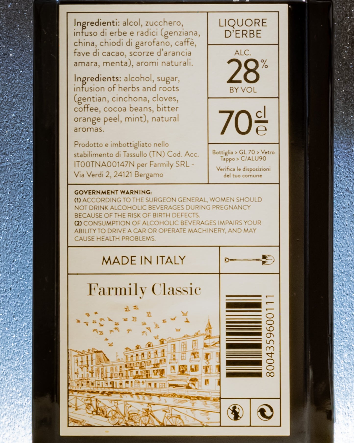 Farmily Amaro Ricetta Meneghina Liquore Lombardia Milano Italia Retro Etichetta